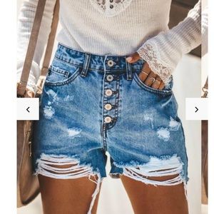 VICI HOT MAMA HIGH RISE DISTRESSED DENIM SHORTS